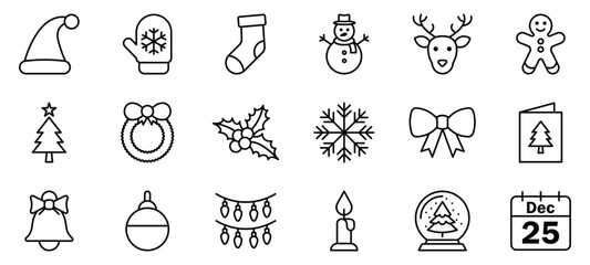 christmas outline icon set collection of holiday symbols winter decoration santa hat snowflake reindeer bell