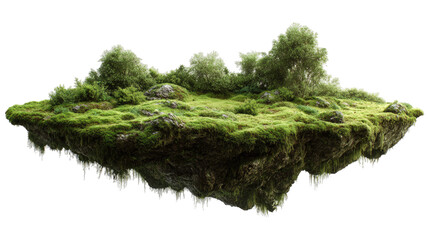 Land covered in lush moss floating gracefully with vibrant green texture and natural landscape element isolated on white background