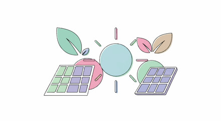 Vibrant illustration of clean renewable energy solar panels, sun, and leaves symbolize sustainable technology and environmental care for a brighter future