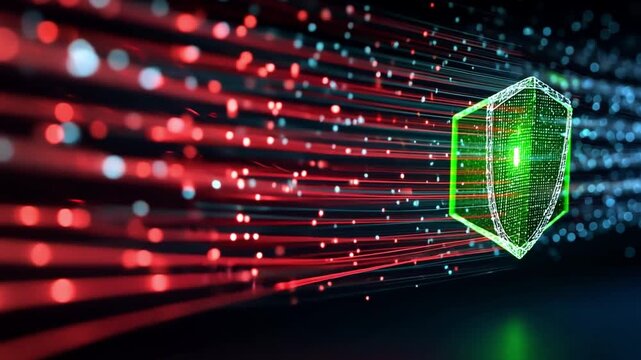 Digital Fortress: A glowing, digital shield symbolizing robust protection against data breaches, highlighted by intricate lines of light weaving a protective web around its core.