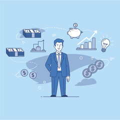 Strategic Business Growth and Investment Concept Professional Man Surrounded by Financial Assets and Success Indicators Illustration