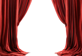Rich, red velvet curtains open to reveal a dark, empty space
