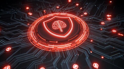 Digital Shield: A glowing, futuristic emblem of protection featuring a shield with a brain, illuminated against the intricate network of a circuit board. - Powered by Adobe