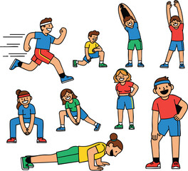 Collection of colorful cartoon people performing various fitness exercises and warmup stretches.