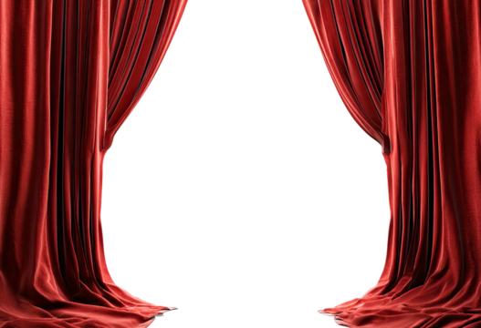 Rich, red velvet curtains open to reveal a dark, empty space