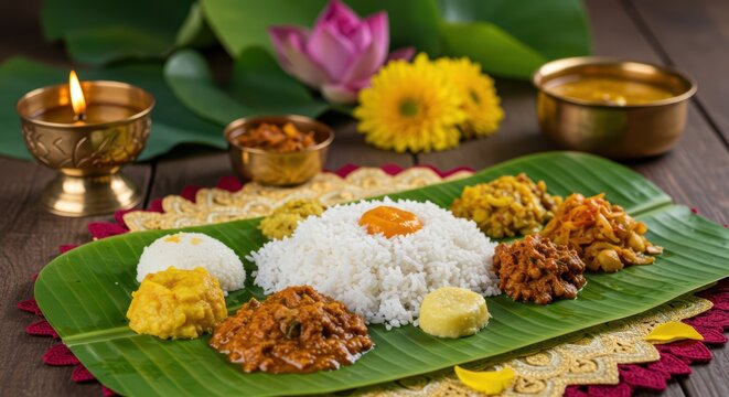 Onam sadhya on banana leaf against a blurred garden background with lotuses and festive lights. Traditional kerala vegetarian meal with rice and various curries. Festive Indian feast for celebration	
