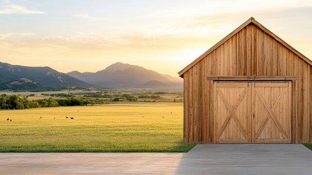 Serene rural landscape featuring wooden farmhouse at sunset, surrounded by fields and mountains