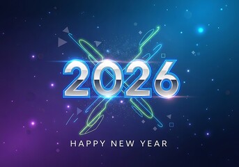 Naklejka premium Happy new year 2026 glowing text cosmic digital celebration