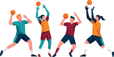 Dynamic flat vector illustration of four diverse athletes in colorful sportswear playing an energetic ball game.