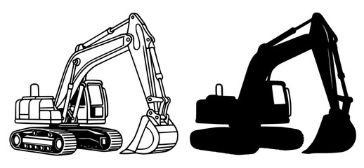 Excavator Vector Illustration, Outline and Silhouette Versions