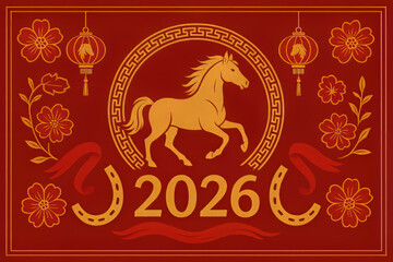 Vector illustration for Chinese New Year 2026, the Year of the Horse, featuring a golden stallion, lanterns, and flowers