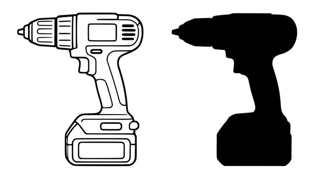 Drilling Machine Vector Illustration, Outline and Silhouette Versions