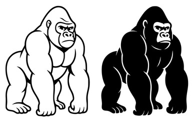 Gorilla Vector Illustration of an Orangutan, Outline and Silhouette Versions