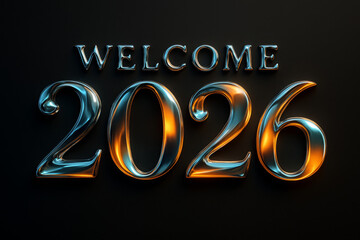 Futuristic New Year 2026 greeting with elegant chrome and gold metallic text on a dark, textured background