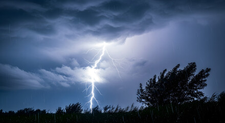 Dramatic nighttime lightning strike illuminates the stormy sky over a dark landscape with silhouetted trees