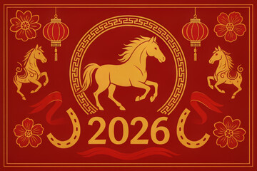 Traditional red and gold banner for the Chinese Lunar New Year 2026, celebrating the Year of the Horse with zodiac animal and lanterns