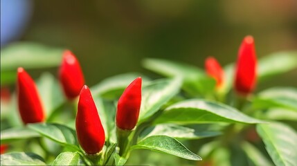 shallow. Close-up view of red chili peppers among green leaves in natural light. gardening catalogs, home-decor guides, designed for gardening and botanical catalogs, used by photographers.