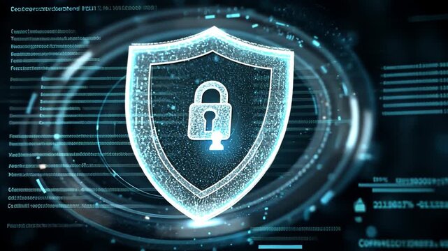 Digital Security Shield: A digital shield of cybersecurity, represented by an illuminated lock icon within a shield.