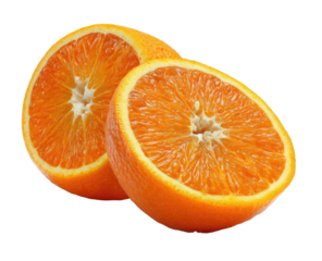 Two bright orange citrus halves show juicy pulp and white pith