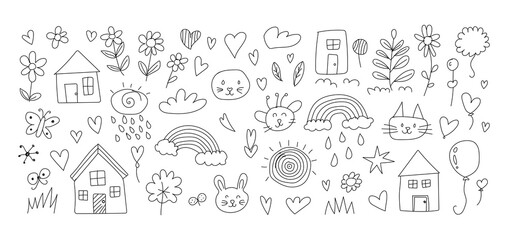 Cute Doodle Drawing Set &ndash; Hand Drawn House, Flowers, Animals, and Nature Elements Vector Illustration