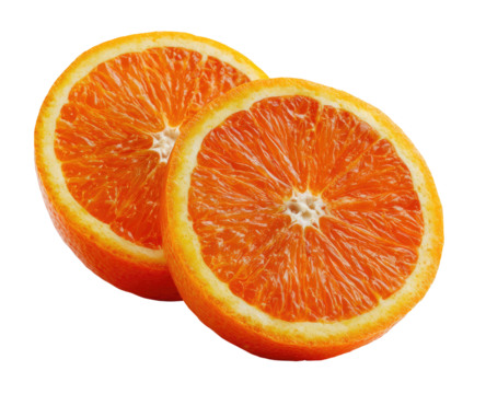 Two juicy orange halves showing textured pulp on black