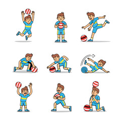 Set of Cartoon Boy Character in Blue Sportswear Playing with a Red and White Striped Ball.