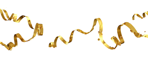 Golden streamers float and curl against a black background, adorned with glitter