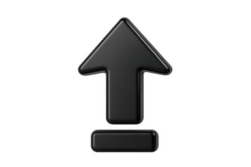 Black 3d upload icon displaying an up arrow for data transfer, digital communication, and internet technology. Transparent background