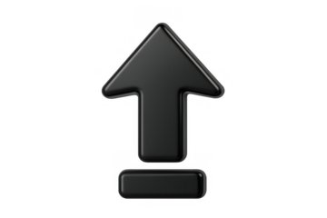 Black 3d upload icon displaying an up arrow for data transfer, digital communication, and internet technology. Transparent background