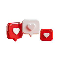 Three stylized speech bubbles with heart icons on black background