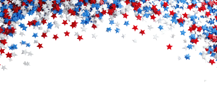 Red, white, and blue star confetti scattered on black