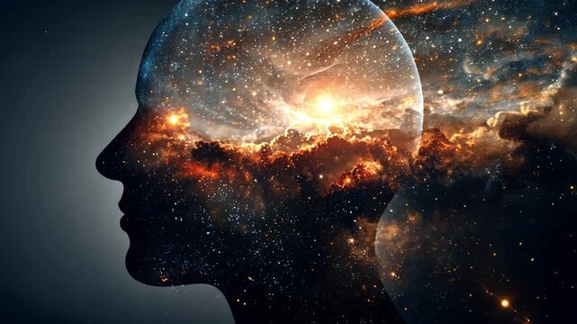 Cosmic Mindscape: A silhouetted portrait of a human head, intricately interwoven with a vibrant depiction of the cosmos, hinting at the vastness of thought and the interconnectedness of all things.