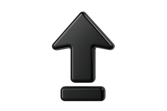 Black 3d upload icon displaying an up arrow for data transfer, digital communication, and internet technology. Transparent background