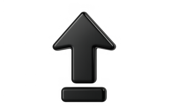 Black 3d upload icon displaying an up arrow for data transfer, digital communication, and internet technology. Transparent background - Powered by Adobe