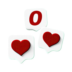 Three social media notification icons two hearts and a zero