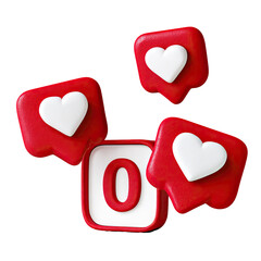 Four red notification icons with white hearts, one showing a zero