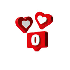 Red 3D heart icons and a notification bubble with zero