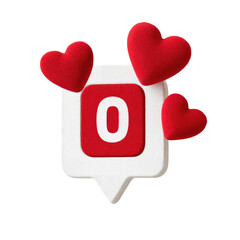 Red hearts surround a white speech bubble with a zero inside