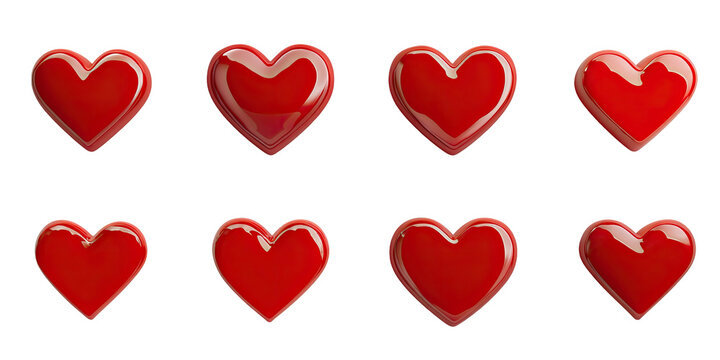 Eight glossy red hearts on a black background