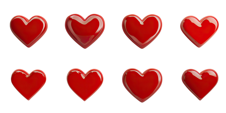 Eight glossy red hearts on a black background
