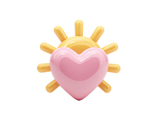 A 3D rendering of a pink heart partially obscuring a bright yellow sun icon
