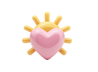 A 3D rendering of a pink heart partially obscuring a bright yellow sun icon