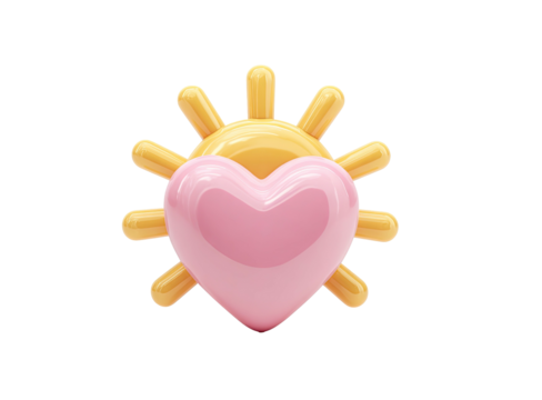 A 3D rendering of a pink heart partially obscuring a bright yellow sun icon
