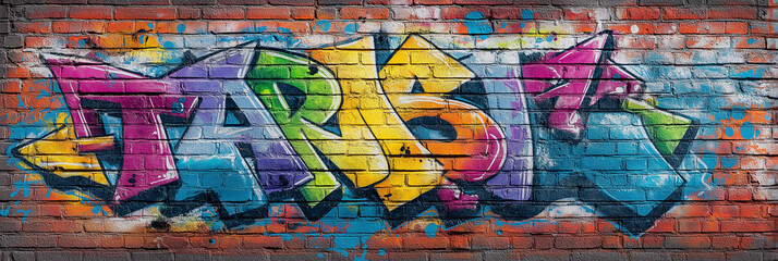 Naklejka premium Dynamic graffiti art bursts from a textured brick wall, creating a vibrant and edgy statement with its bold colors and raw urban style for creative projects