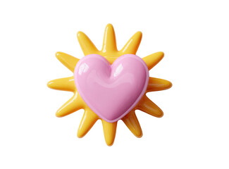 A glossy pink heart sits atop a bright yellow, spiky sun