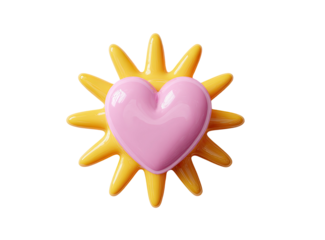 A glossy pink heart sits atop a bright yellow, spiky sun