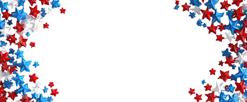 Scattered red, white, and blue stars on a black background, forming borders