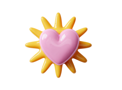 A glossy pink heart sits atop a bright yellow, spiky sun