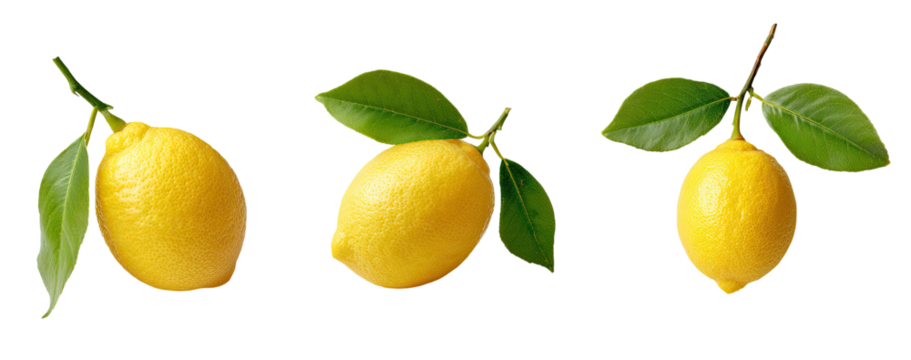 Three ripe yellow lemons on branches with green leaves
