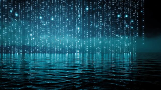 Mesmerizing Glowing Rain Falling as Binary Code on Tranquil Lake Surface, Evoking Digital Wonder and Serene Connection with Natures Light and Water